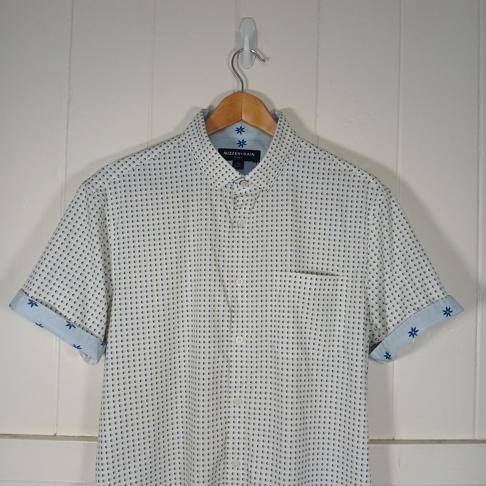 Mizzen+Main Button Up Shirt Mens XL White Blue Dot Performance Stretch Flip Cuff